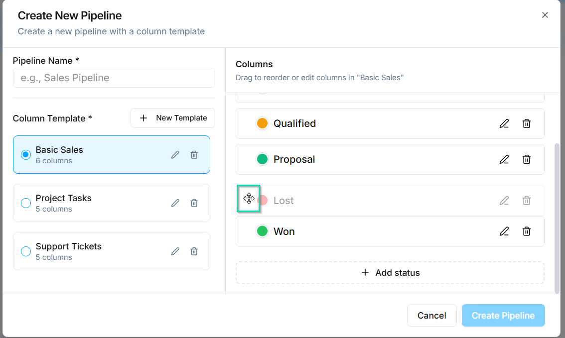 Drag columns to rearrange their order